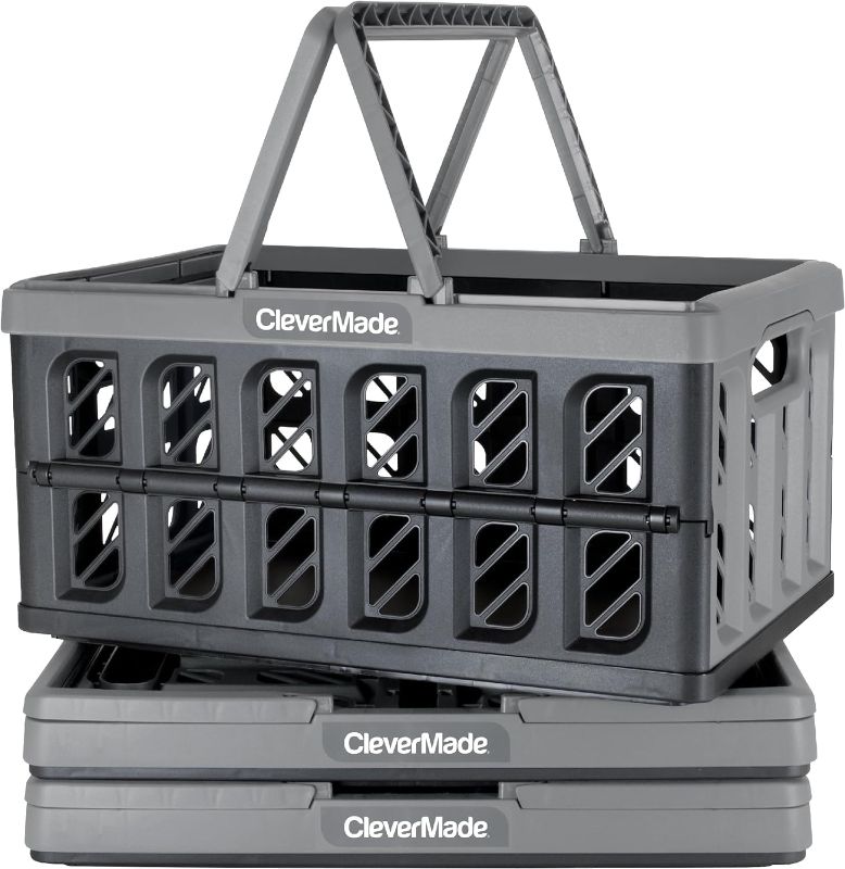Photo 1 of CleverMade Collapsible Shopping Basket, Stone, 3PK - 24L (6 Gal) Reusable Plastic Grocery Shopping Baskets, Holds 25lbs Per Basket - Small Foldable Storage Crates with Handles
