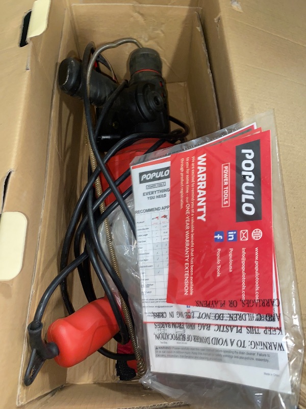 Photo 1 of POPULO 120V Auto Feed Drain Auger,23 FT Drain Snake Suitable For 3/4"-2" Pipes For Unclogging Sinks,Shower Floor Drain and Outdoor Drain Pipe.Plumbers Snake Cleaner Include Glove,Cloth Bag
