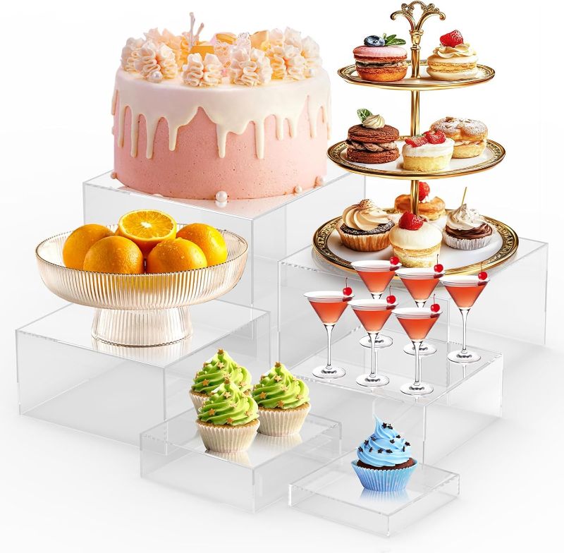 Photo 1 of 6Pcs Buffet Risers,Food Risers for Buffet Table Display Stand Shelf for Party Catering Desset Jewelry Collectibles Acrylic Cube Boxes Display Nesting Risers with Hollow Bottoms Clear
