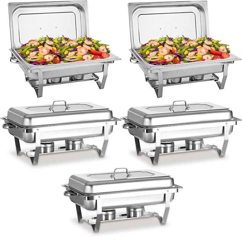 Photo 1 of Chafing Dishes for Buffet 5 Pack, Full Pan Stainless Steel Chafing Dish Buffet Set Sturdy and High Grade Chafers and Buffet Warmers Sets for Any Party with Complete Set
