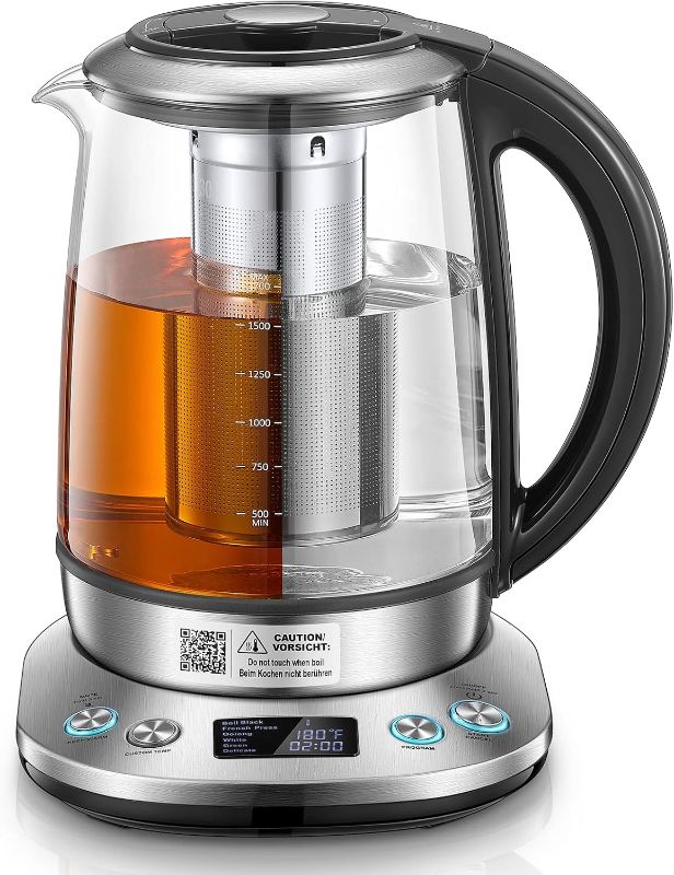 Photo 1 of Electric Kettle with Temperature Control and Tea Infuser, FOHERE 1.7L Electric Tea Kettle, Glass and Stainless Steel Hot Tea Water Kettle, 2Hr Keep Warm, 6 Presets for Herbal, Green, Coffee, Black

