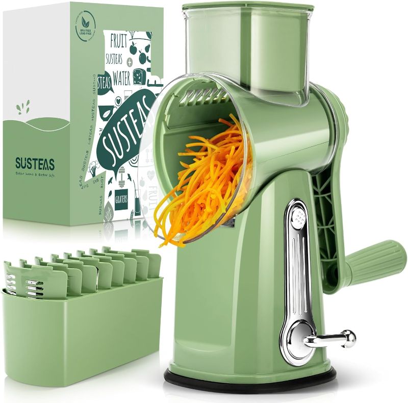 Photo 1 of SUSTEAS Rotary Cheese Grater with Handle - Vegetable Shredder with 5 Well-designed Blades & Strong Suction Base,Round Mandoline Slicer & Food Chopper for Kitchen,with Blade Storage Box(Retro Green)
