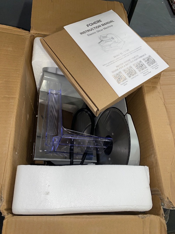 Photo 1 of FOHERE 200W Meat Slicer for Home Use, Electric Food Slicer with Two 7.5" Sharp Stainless Steel Blade(Serrated + Smooth) & 0-15mm Precise Thickness Cut Deli Food, Meat, Bread, Fruit, Vegetable, Silver
