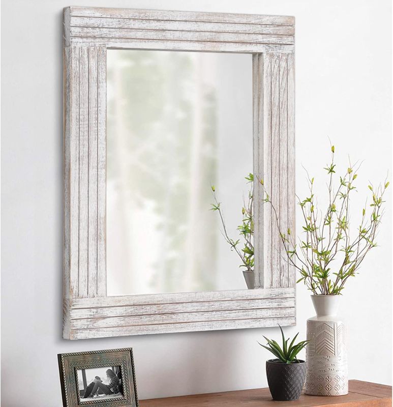 Photo 1 of Mirrors for Wall Rustic Wooden Frame Rectangle Mirror Vintage Hanging Mirror for Bedroom Bathroom Living Room Farmhouse Wall Decor White Large 20" x 16 "
