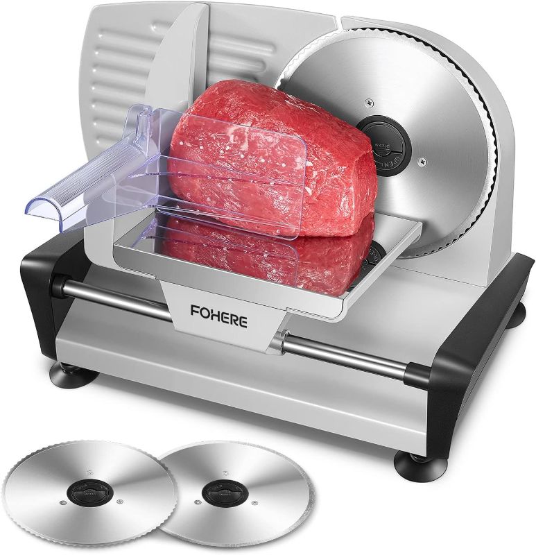 Photo 1 of FOHERE 200W Meat Slicer for Home Use, Electric Food Slicer with Two 7.5" Sharp Stainless Steel Blade(Serrated + Smooth) & 0-15mm Precise Thickness Cut Deli Food, Meat, Bread, Fruit, Vegetable, Silver
