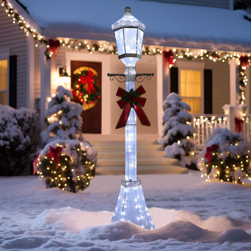 Photo 1 of 6FT Christmas Decorations Outdoor, Pre-Lit Lighted Xmas Decor with Removable Decorative Bow, Lighted Post Christmas Decoration with Waterproof Lights Cold White for Outdoor and Indoor
