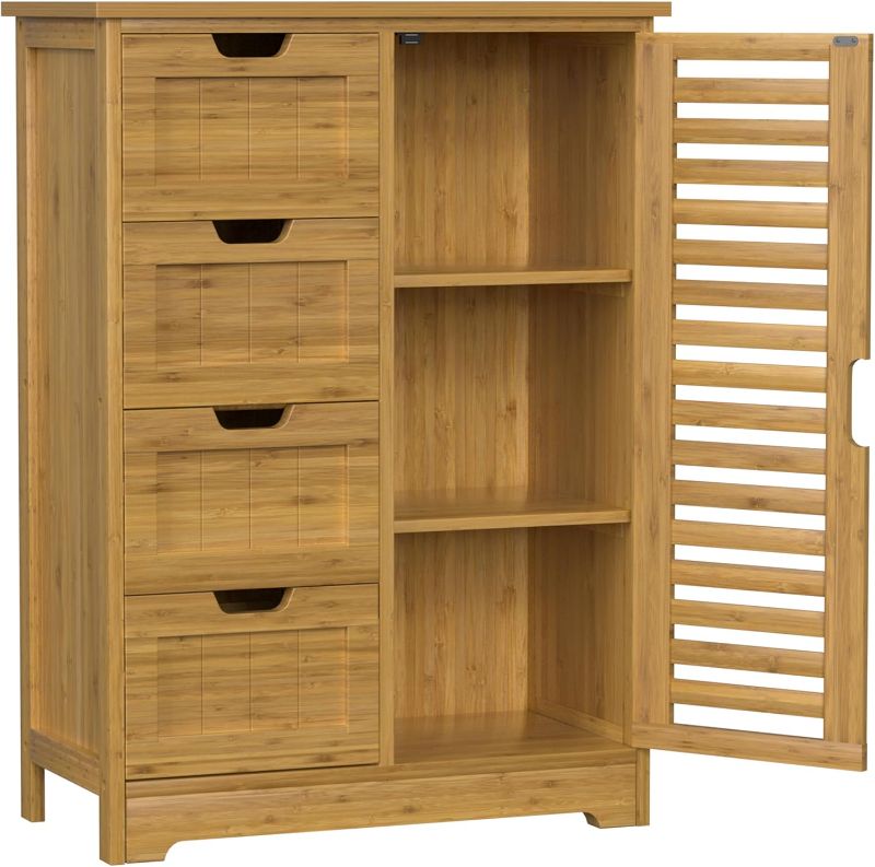 Photo 1 of VEIKOUS Bathroom Floor Cabinet with 4 Drawers, Bamboo Freestanding Small Bathroom Storage Cabinet with 2 Removable Shelves, Living Room Organizer Cabinet
