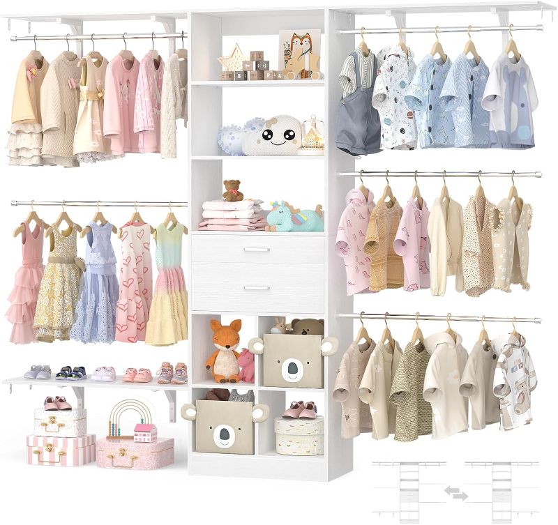 Photo 1 of Closet System - 5FT Closet Organizer System with Wooden Drawers & Cube Storage Organizer, Closet Systems for Nursery & Walk-In Closets with Cuttable Hanging Shelving, White
