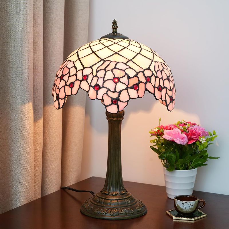 Photo 1 of Pink Stained Glass Rose Table Lamp Vintage Tiffany Style Small Desk Night Reading for Bedroom Bedside Dining(12inch)