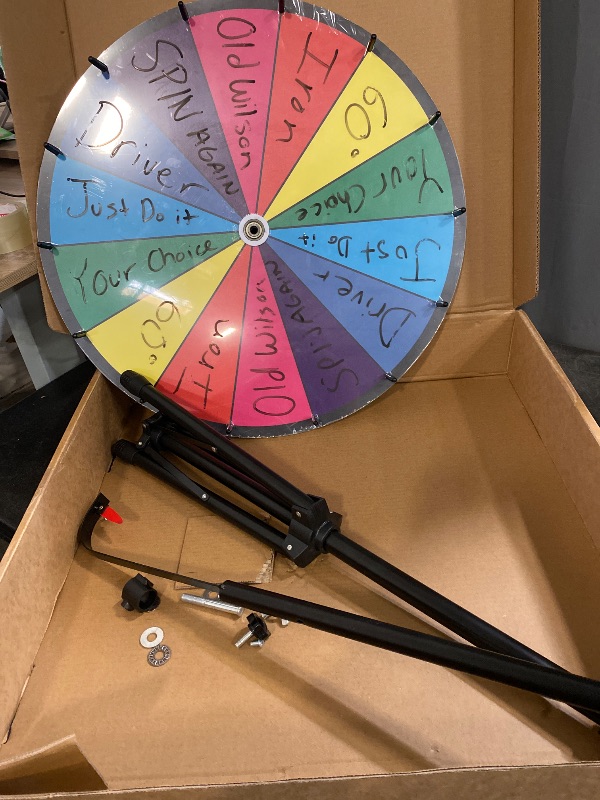 Photo 1 of 24 Inch Prize Wheel with Folding Tripod Floor Stand 44”-60” Height Adjustable 14 Slots Color Dry Erase Spin Wheel Spinner Game with Dry Erase & Marker Pen for Trade Show
