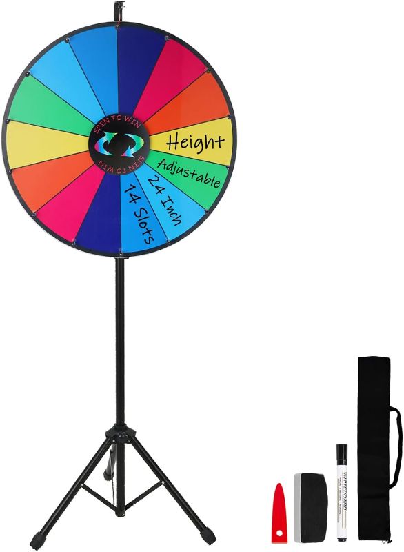 Photo 1 of 24 Inch Prize Wheel with Folding Tripod Floor Stand 44”-60” Height Adjustable 14 Slots Color Dry Erase Spin Wheel Spinner Game with Dry Erase & Marker Pen for Trade Show

