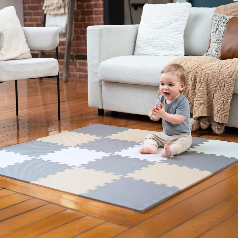 Photo 1 of MioTetto Foam Floor Tiles for Kids - Non-Toxic Comfortable Baby Play Mat and Interlocking Foam Tiles, Fits with 50x50 Playpen Mat for Crawling & Development, Soft Play Mat for Babies 6-12 Months
