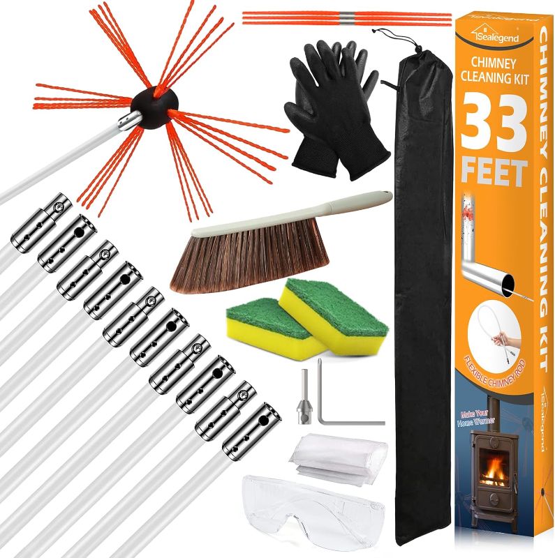 Photo 1 of Sealegend 33 Feet Chimney Cleaning Kit Chimney Brush, Chimney Sweep Kit and Chimney Cleaning Logs Fireplace Tools Set with 10 Flexible Rods
