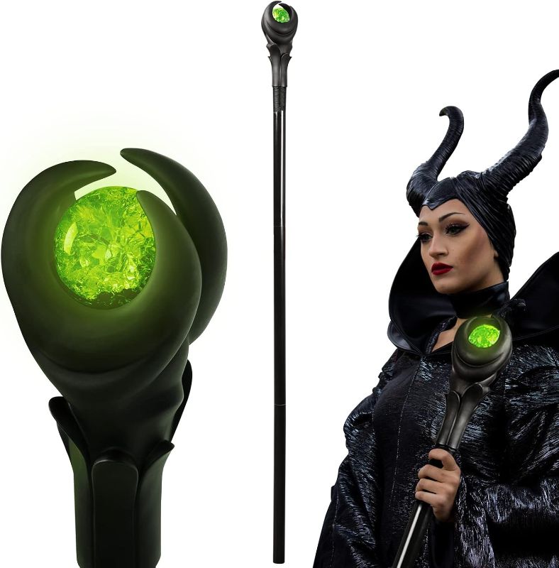 Photo 1 of 51inch Deluxe Maleficent Staff with Green Light Orb, Wizard Scepter Magic Wand Halloween Prop (Green Light)