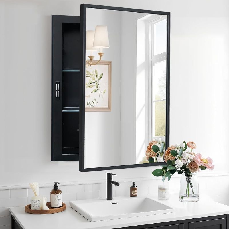 Photo 1 of Recessed Medicine Cabinets with Mirror, Black Bathroom Mirror with Storage, Rectangle Medicine Cabinet Vanity Mirrors, Farmhouse Metal Framed Wall Mirror Recessed or Surface Mount, 16x24 Inch
