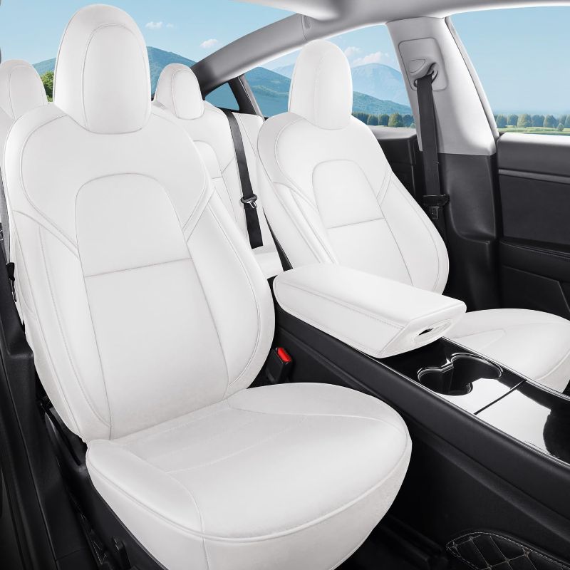 Photo 1 of Tesla Model 3 Car Seat Covers Organosilicon Leather Car Interior Seat Airbag Compatible Cushion Cover Full Set Custom Fit 2023 2022 2021 2020 2019 2018, Organosilicon White
