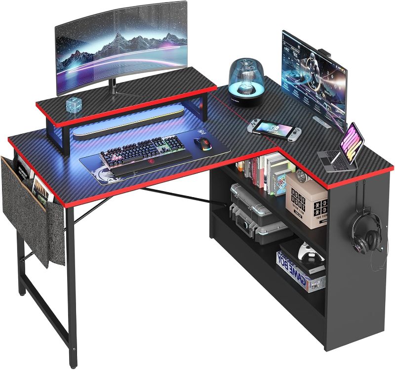 Photo 1 of Bestier L Shaped Gaming Desk with Storage Shelves, 42 Inch Reversible Corner Computer Desk with LED Lights, PC Gaming Table with Side Storage Bag & Monitor Stand for Bedroom

