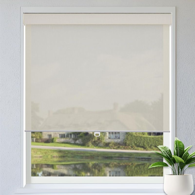Photo 1 of Persilux Custom Size Cordless Solar Window Blinds for Windows Roller Shades 3% Openness UV Protection Fire Retardant Sun Screen Roller Blinds Light Filtering Blinds for Windows, Home, Office Beige
