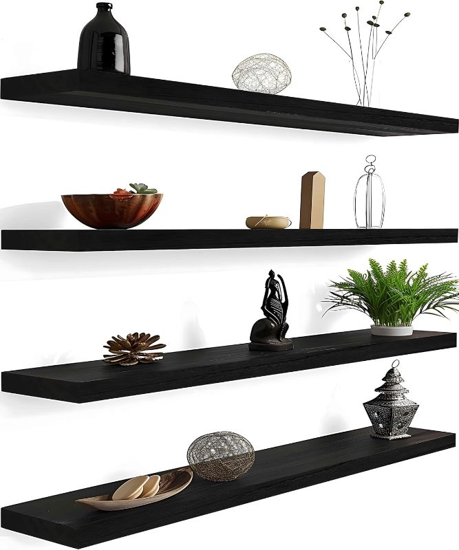 Photo 1 of 48 Inch Black Wood Floating Shelves for Wall Rustic Wall Shelf for Bedroom Living Room Set of 4