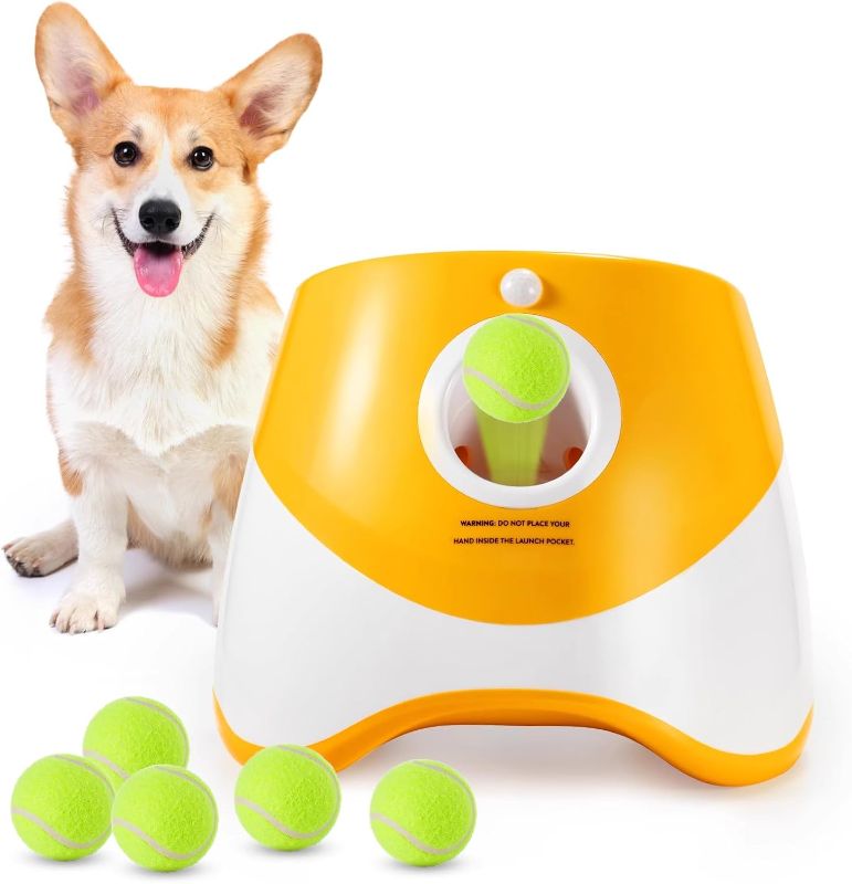 Photo 1 of Interactive Dog Ball Launcher, Yellow and White, with 6 Tennis Balls (Yellow)