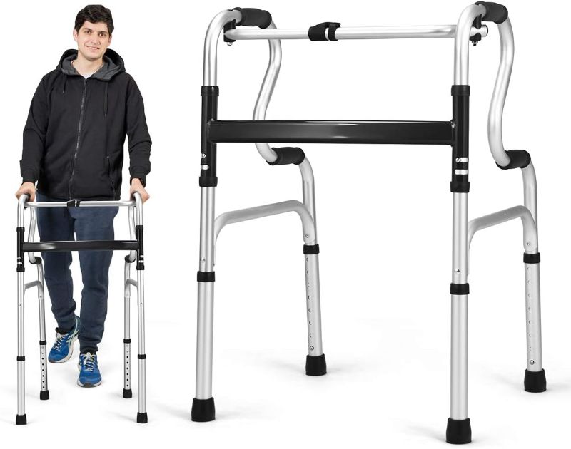 Photo 1 of Goplus 3-in-1 Stand-Assist Folding Walker, 400LBS FDA Certification Heavy Duty Walking Mobility Aid, Can be Used as Toilet Safety Rail, Height Adjustable Narrow Drive Walkers for Seniors Elderly Adult
