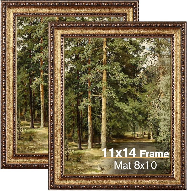 Photo 1 of 11x14 Gold Picture Frame, 2 Pack Ornate Vintage Picture Frames for Wall or Tabletop Display, 11x14 Photo Frame Gold with Real Glass, Display Poster 8x10 with Mat or 11x14 without Mat for Antique Déco
