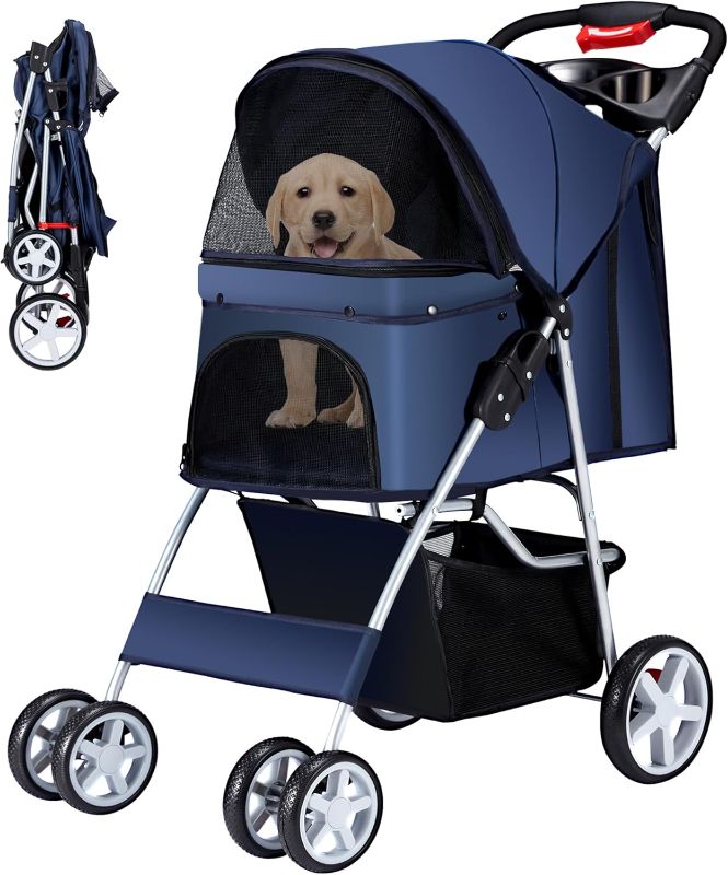 Photo 1 of Pet Stroller, 4 Wheels Pet Strolling Cart for Medium/Small Dogs and Cats, Foldable Cat Jogger/Dog Stroller with Cup Holder, Storage Basket, Breathable Mesh, All-Season Pet Carrier, Navy Blue
