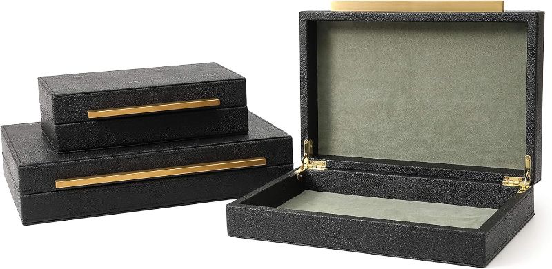Photo 1 of Kingflux Faux Black Shagreen Leather Set of 3 Pcs Decorative Boxes, Storage Boxes Jewelry Organizer, Men's Accessory Organizer (Black)
