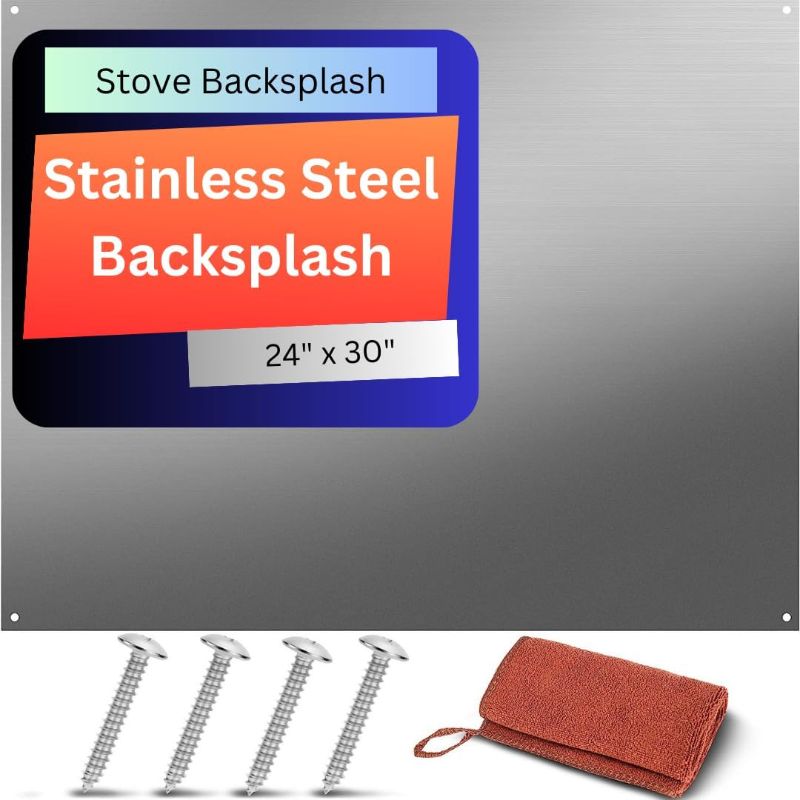 Photo 1 of Lostronaut Stainless Steel Backsplash for Kitchen Wall - 24" x 30" Oven Spatter Shield with Pre-Drilled Holes - Mounting Screws & Microfiber Towel - Quick Install Splash Plate Stain Guard for Stove
