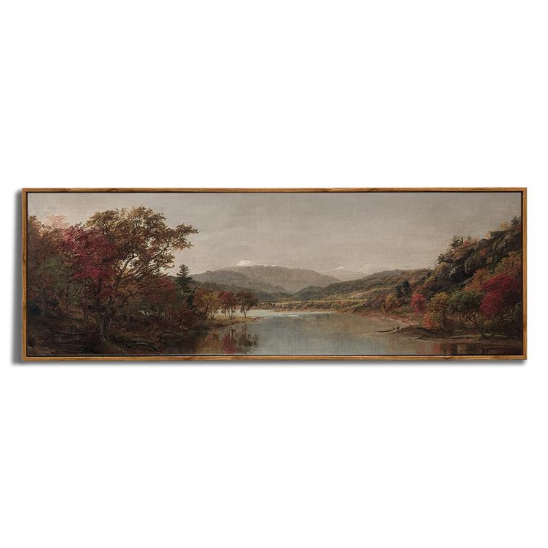Photo 1 of Framed Canvas Wall Art for Bedroom - Long Horizontal 13.5x40" Above the Bed - Vintage Farmhouse French Country Room Decor - Rustic Nature Autumn Lake Fall Landscape - Cottagecore Aesthetic Living Room
