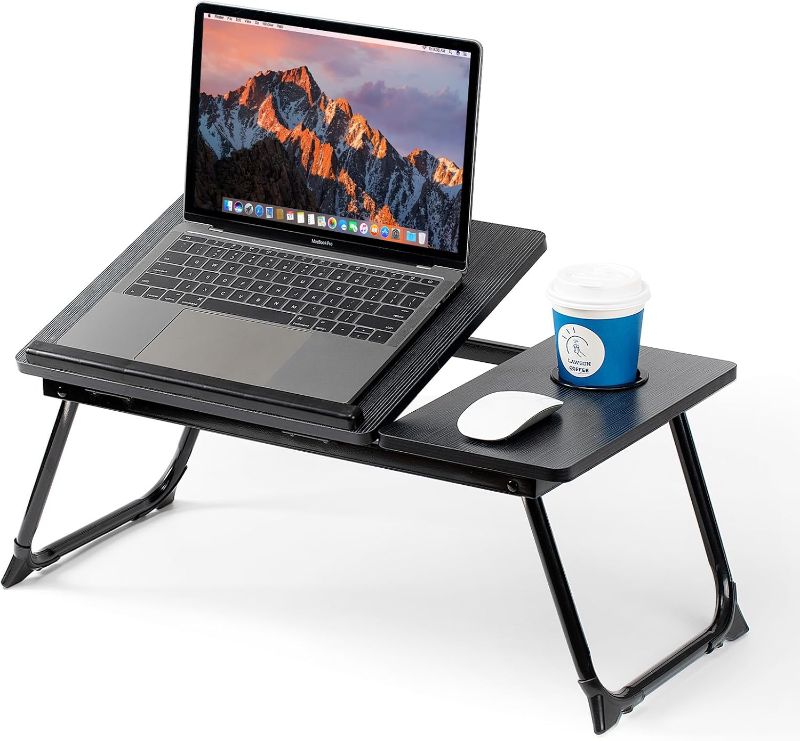 Photo 1 of Laptop Desk for Bed Couch, Adjustable Foldable Bed Table with Cup Holder, Breakfast Serving Tray, Portable Laptop Lap Desk Stand for Working Reading Writing Eating Gaming in Bed Sofa Floor(Black)
