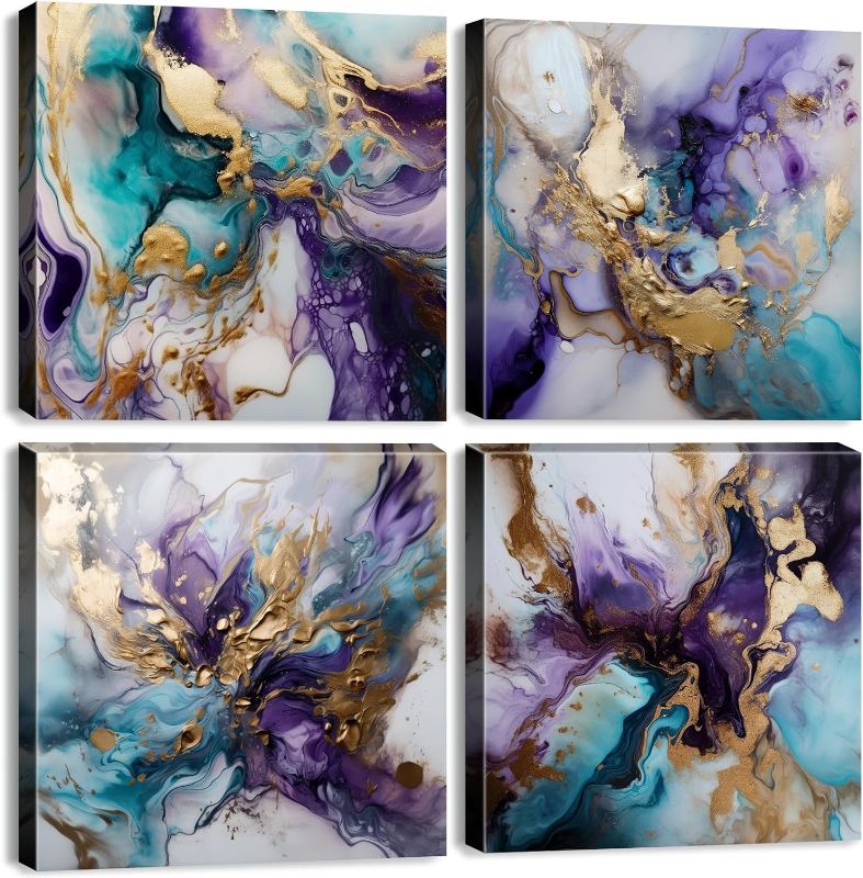 Photo 1 of Purple Abstract Wall Art for Living Room Purple and Gold Wall Decor Watercolor Fluid Texture Pictures Bedroom Decor Modern Fantasy Minimalist Colorful Artwork for Bedroom Home Decorations 12x12 4Pcs
