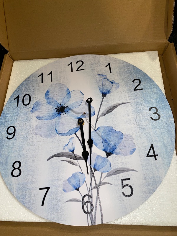 Photo 1 of Blue Ombre Retro Flowers Wall Clock - 12 Inch Silent Non-Ticking Battery Operated - Elegant Gradient Floral Clock for Office, Home, Kitchen, Bedroom, School, Living Room
