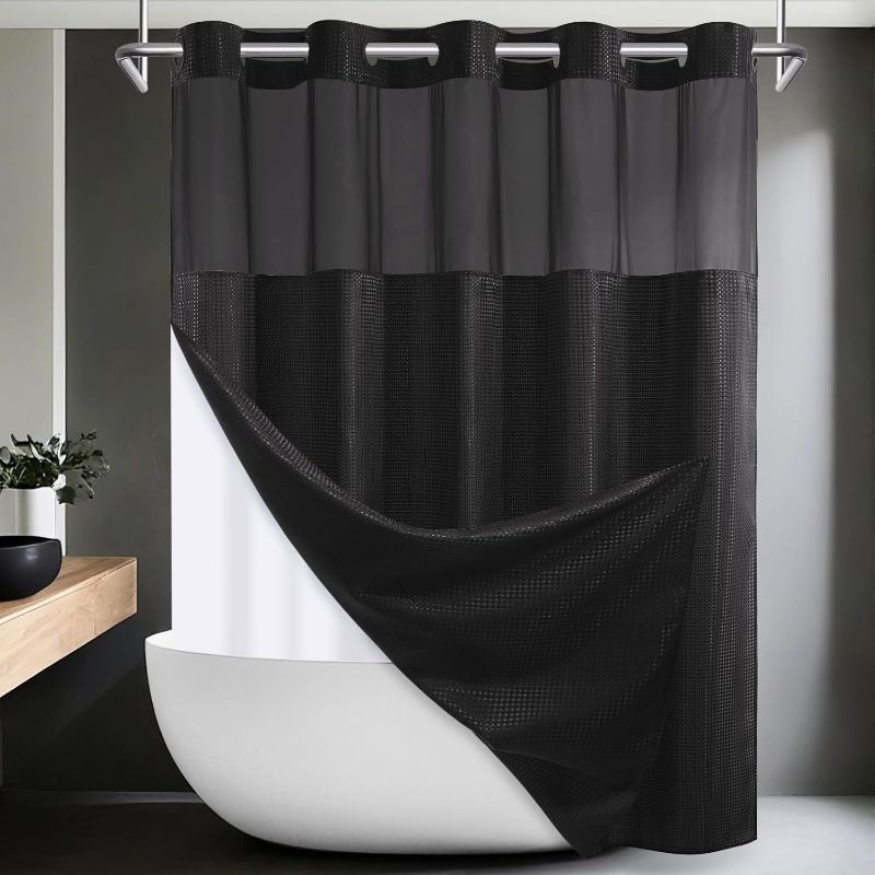 Photo 1 of No Hook Shower Curtain with Snap in Liner Set Waffle Shower Curtain for Bathroom Hotel Style Fabric Waterproof Inner Liner?71" W x 74" H, Black
