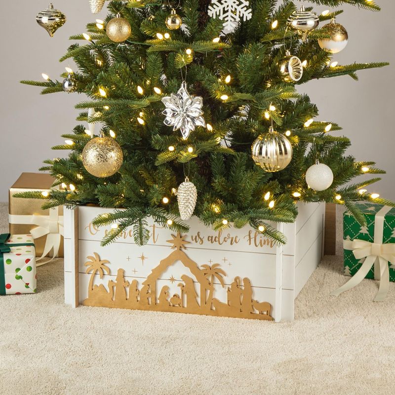 Photo 1 of Glitzhome Wood Christmas Tree Collar, 24" L Nativity Scene Christmas Tree Collar Box Tree Base Cover Decorative Christmas Tree Skirt Xmas Tree Box for Christmas Decoration
