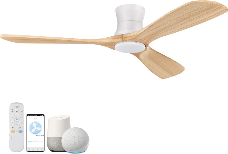 Photo 1 of Smart 52” Wood Flush Mount Ceiling Fans with Lights and Remote,Quiet DC Motor,Outdoor Indoor Ultra Low Profile Ceiling Fan works with Alexa WIFI APP,Modern White Ceiling Fan for Bedroom Patio

