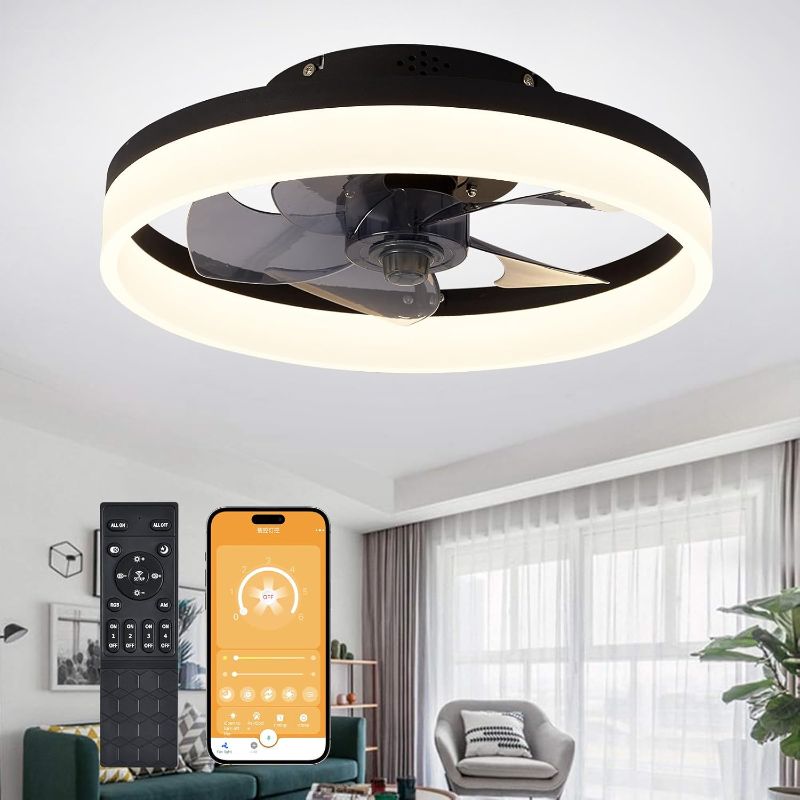 Photo 1 of 15.7" Small Ceiling Fan with Light, Flush Mount Low Profile Ceiling Fan with Light, 6 Speeds and Reversible wind for All Season, LED Dimmable, 3 Color Temperature Optional, DC Motor,With Remote & APP
