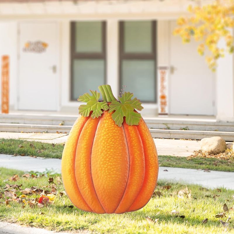 Photo 1 of Glitzhome 37.75" H Fall Metal Embossed Pumpkin Yard Stake, Garden Standing Stakes or Hanging Pumpkin Signs for Autumn Harvest Thanksgiving Halloween Lawn Decorations (Three Functions)
