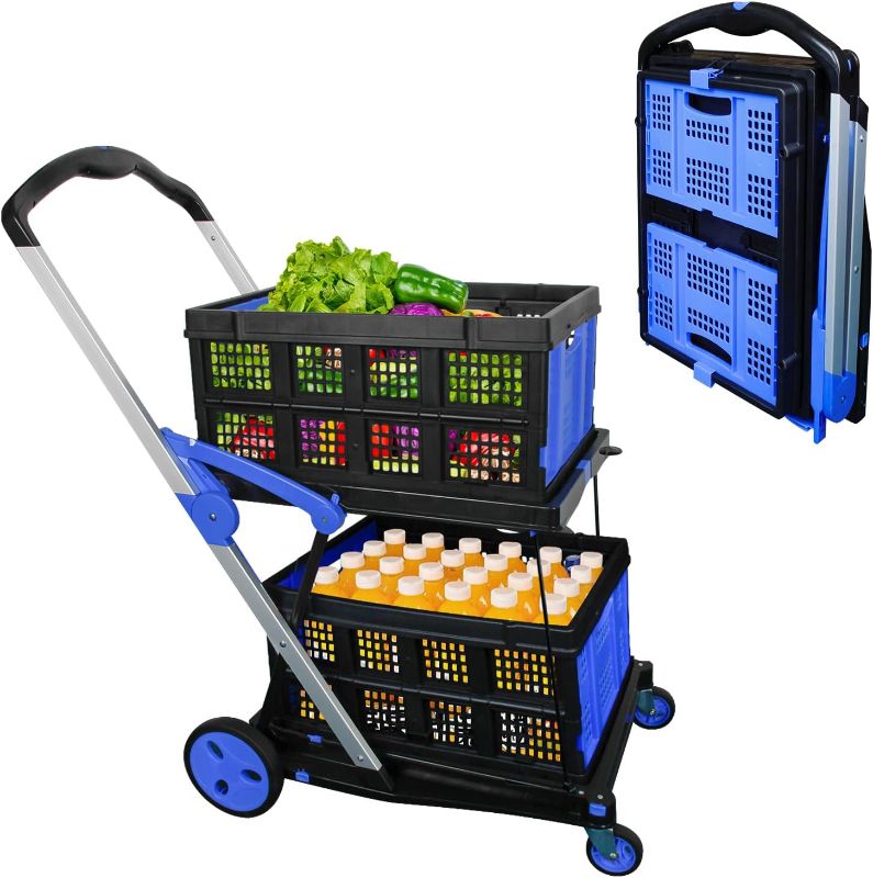 Photo 1 of Shopping Cart with 2 Storage Crates, Multi Use Two Tier Collapsible Cart with 360° Rolling Swivel Wheels Heavy Duty Folding Trolley for Shopping, Picnic and Office
