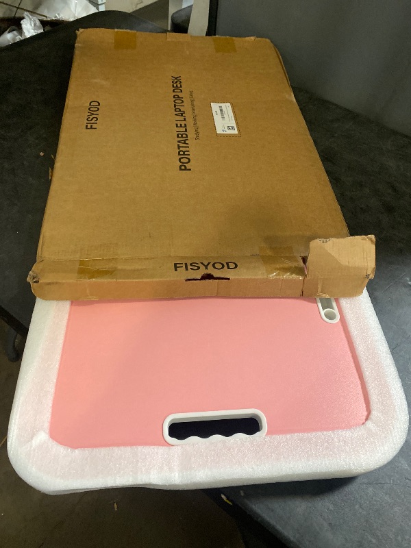 Photo 1 of Foldable Laptop Table, Portable Lap Desk Bed Table Tray, Laptop Stand with Cup Holder & Tablet Slot & Lifting Handle for Working Writing Drawing & Eating (Pink)
