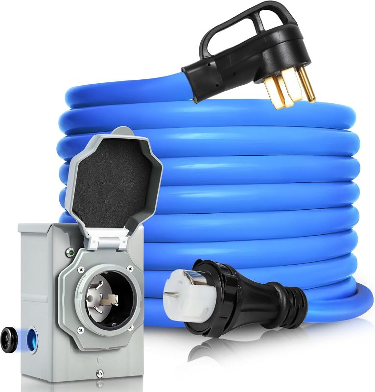 Photo 1 of 50 Amp Generator Cord and Pre-Drilled Power Inlet Box, Generator Cords 30FT, 50 Amp 125V/250V Generator Power Cord, NEMA 14-50P / SS2-50R Twist Lock Connector
