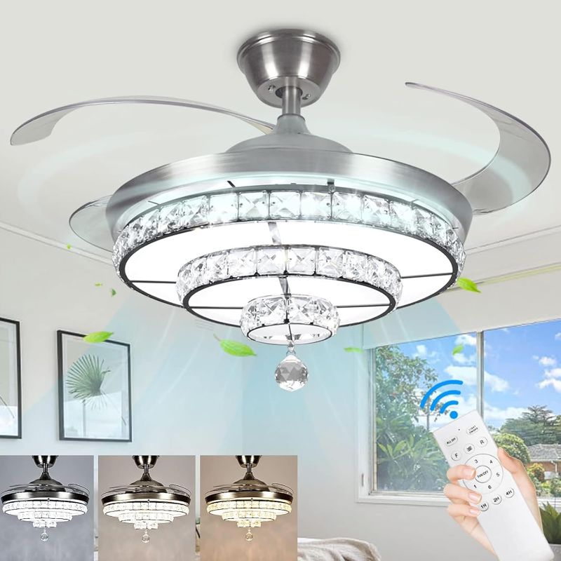 Photo 1 of DLLT 42'' Crystal Ceiling Fan with Light, 36W Modern Ceiling Fan Remote, 3-Blade Retractable LED Fan Chandelier Indoor for Living Room, Bedroom, Dining Room, Color Changeable 3000K-6000K Nickel
