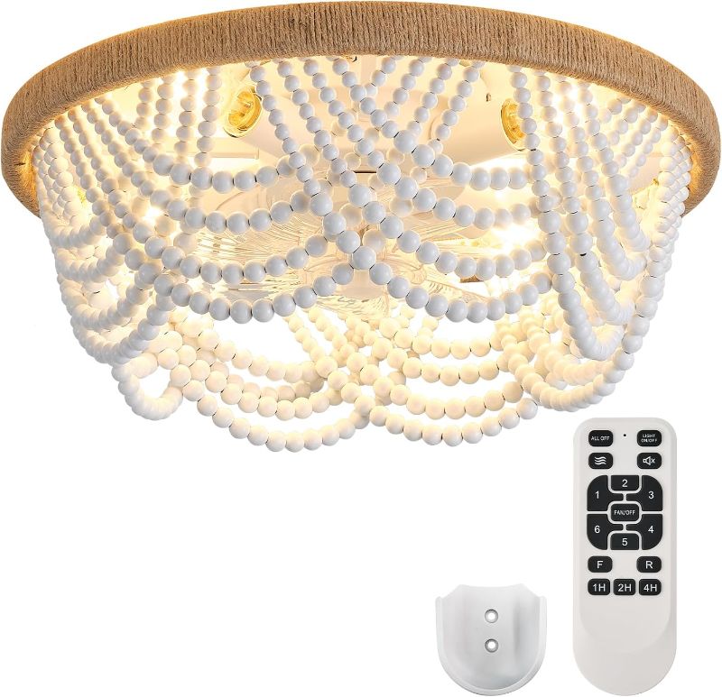 Photo 1 of Ceiling Fans with Lights and Remote - Bulbs Included, Caged Fandelier with Handcrafted Beaded Décor 19 inches Reversible Flush Mount Installation Ceiling Fan, White
