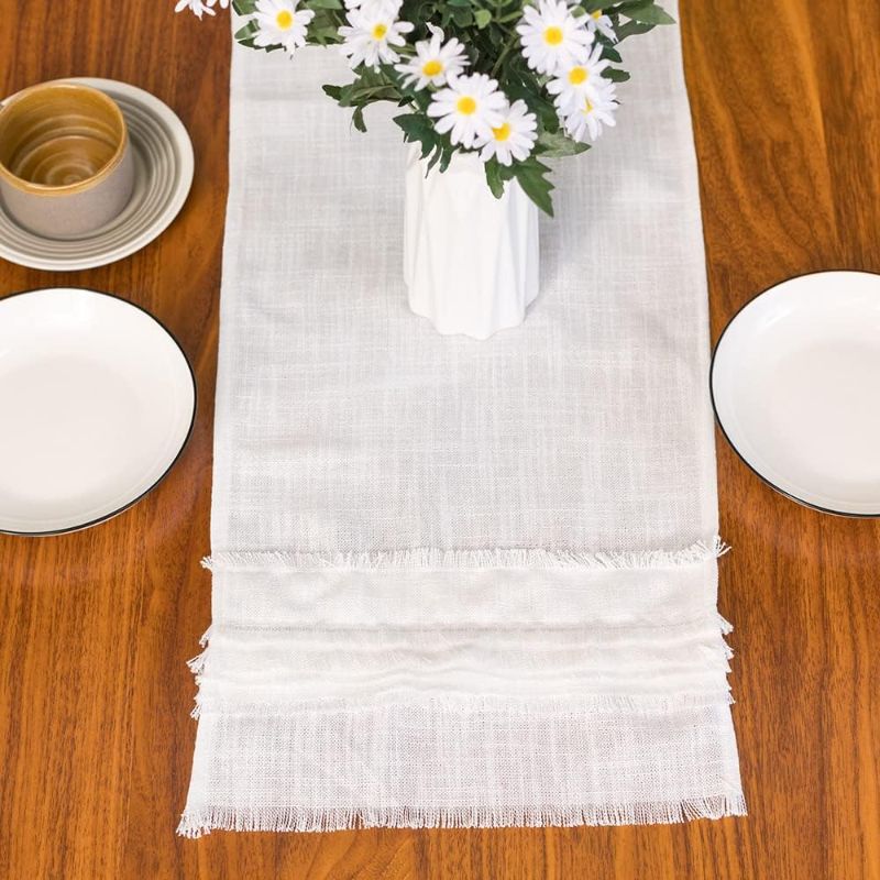 Photo 1 of Farmhouse Rustic Table Runner Vintage American Style Runner for Table Holiday Party Decor Skirt Table Runner Chic Tear Trim Dining Table Runners Dresser Top Cover (White,12.5×72 Inch)
