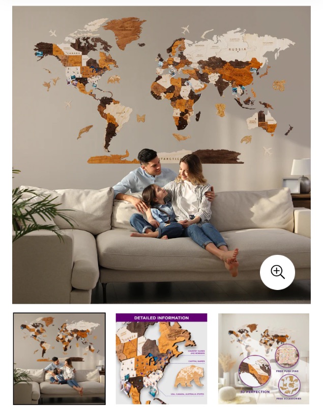 Photo 1 of 3D Wooden World Map with push pins