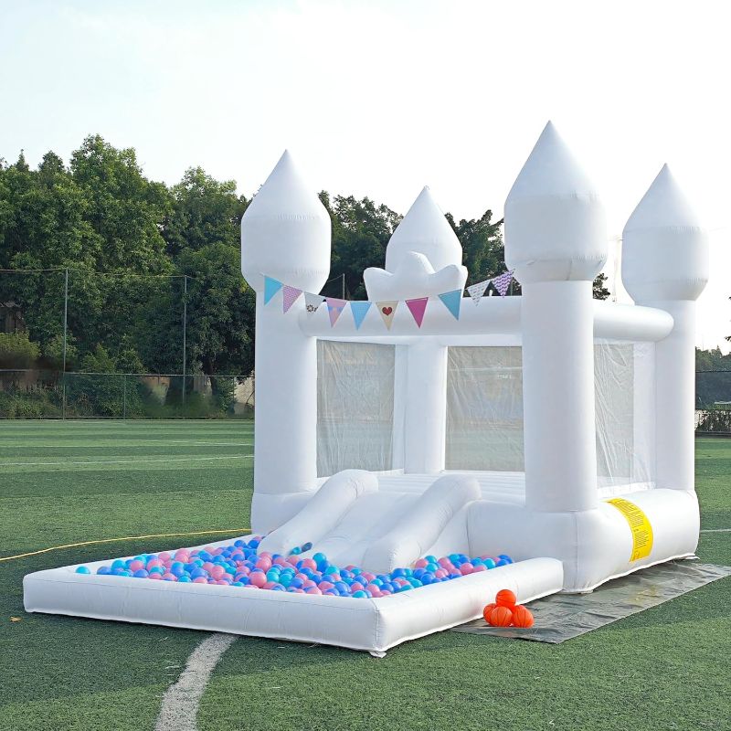 Photo 1 of 12.5FT Inflatable White Bounce House Inflatable White Slide Pool Jumper Large Bouncy Castle Wedding Decorations for Kids and Adult Outdoor Birthday Party(Includ Blower)
