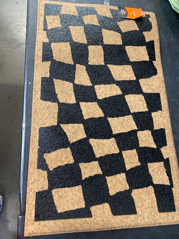 Photo 1 of 18x30" Halloween Checkered Faux Coir Doormat Natural/Black - Hyde and EEK! Boutique™
