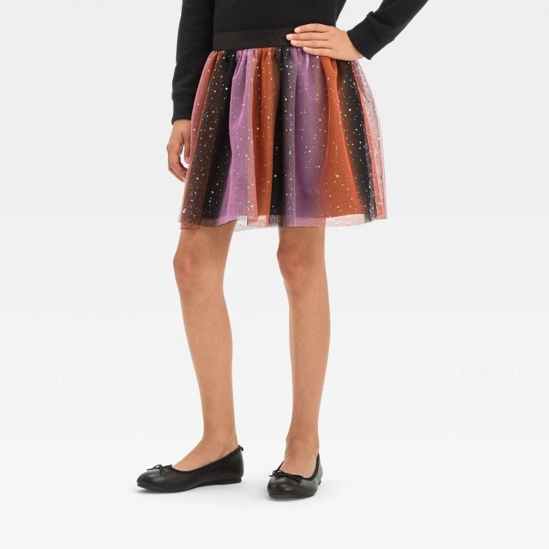 Photo 1 of XL 14 Girls Shiny Orange Purple & Black Rainbow Ruffled Halloween Tutu Skirt