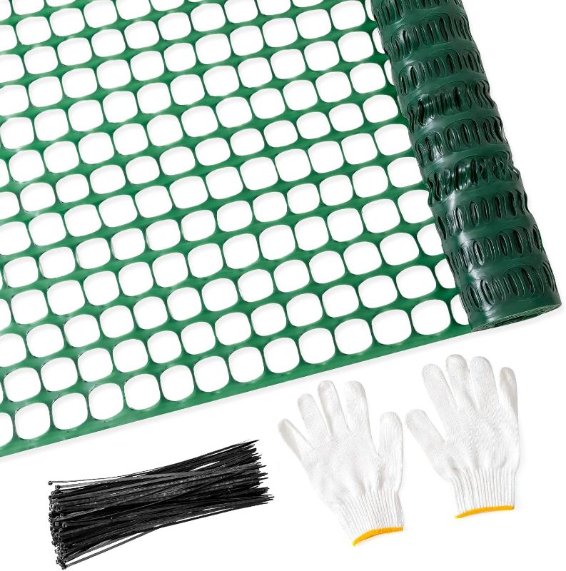 Photo 1 of Plastic Mesh Fence Safety Fence, 4'x100' Roll with 100 Zip Ties, Resuable Temporary Netting for Garden Fencing, Construction, Snow Fencing, Animal Barrier, Poultry, Deer, Patio, Green
