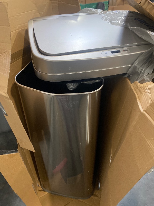 Photo 1 of  Automatic Touchless Motion Sensor Oval Trash Can with Black Top, 13 gallon/50 L, Stainless Steel
